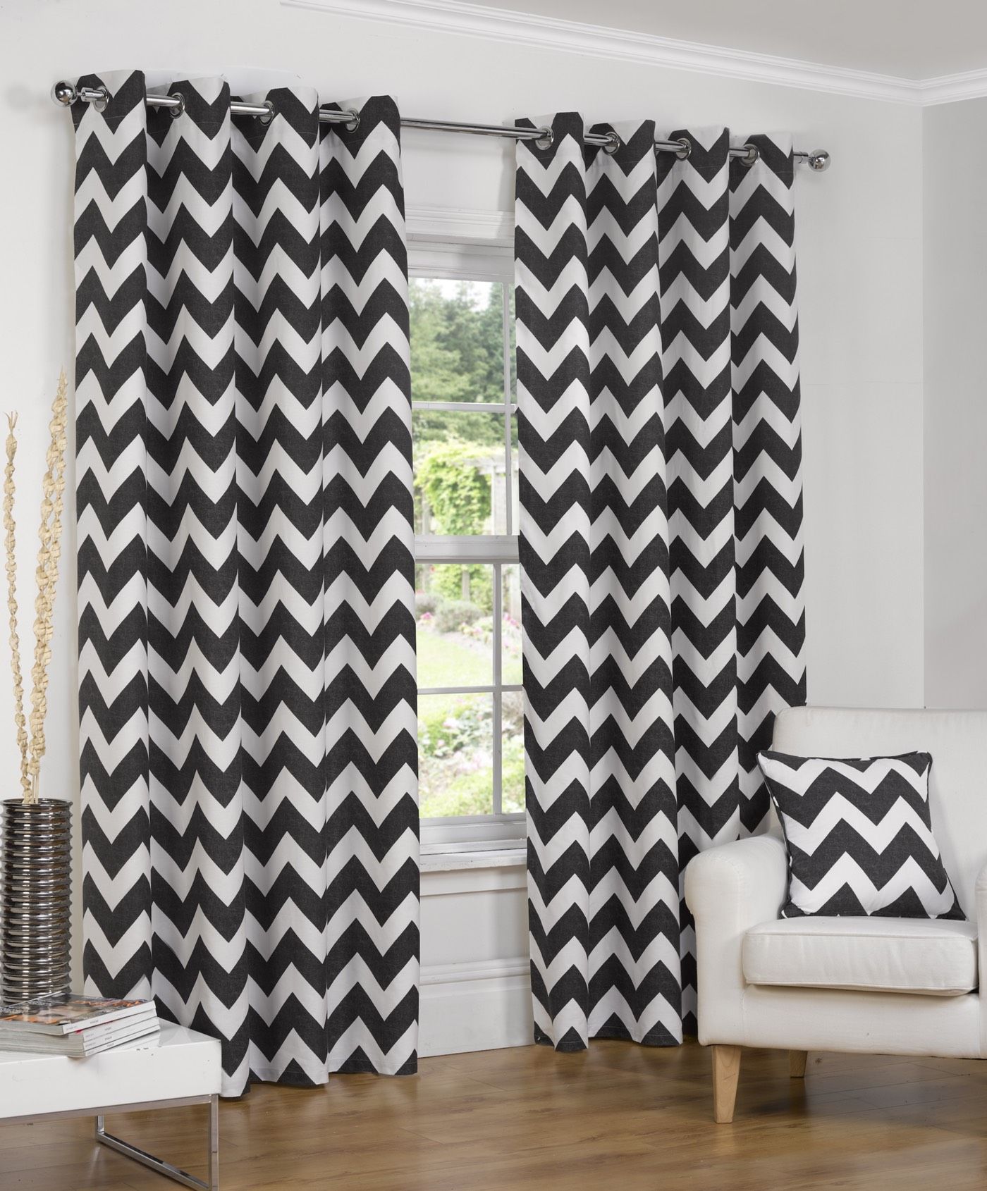 Zig Zag Black & White Velvet Eyelet Curtains - Pair