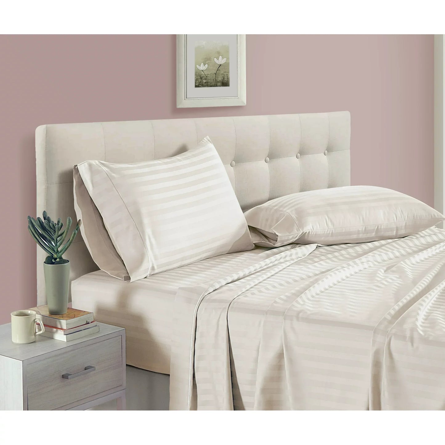 Off White Luxurious Flat Strip Cotton Satin Bedsheet – Soft, Smooth, and Elegant