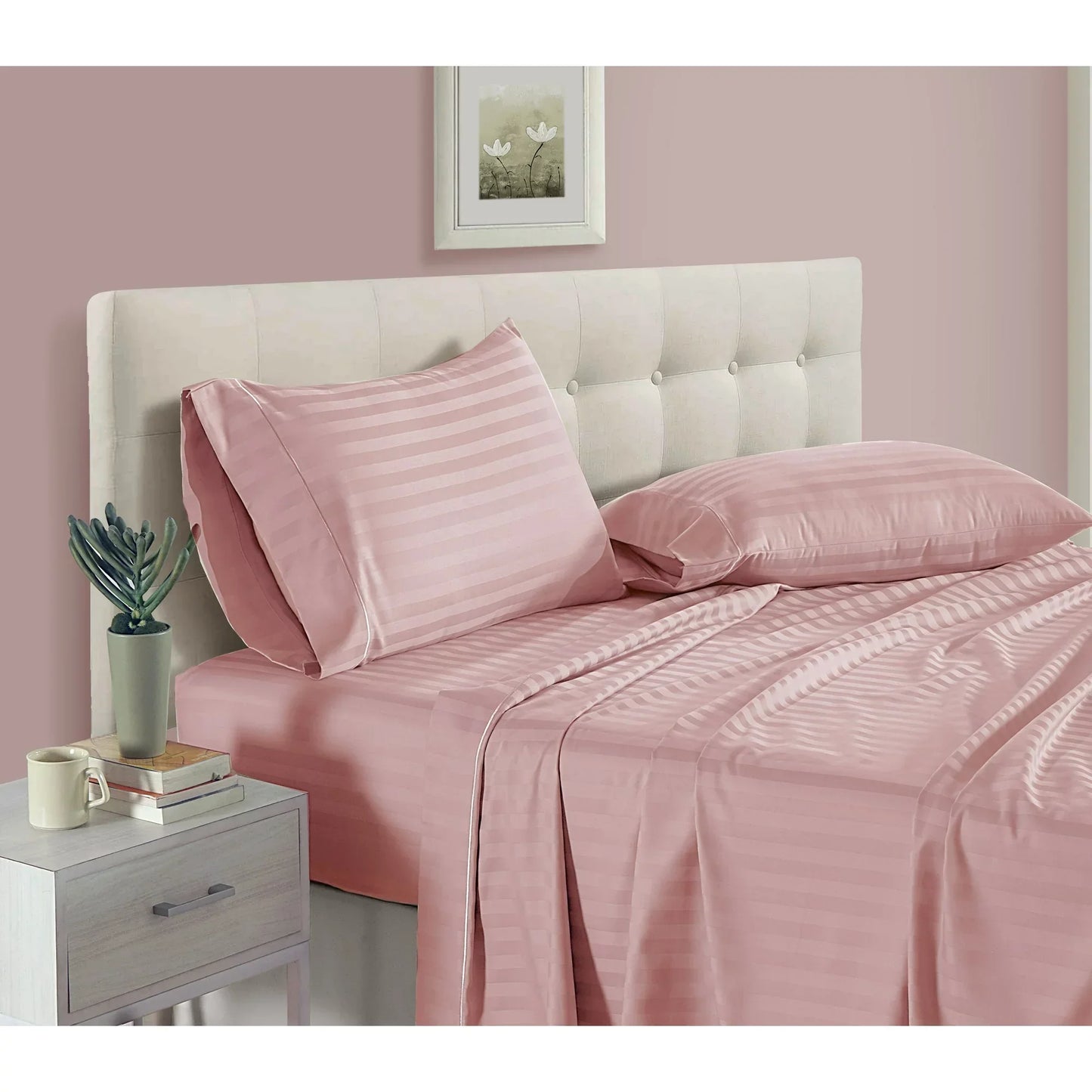 Pink Luxurious Flat Strip Cotton Satin Bedsheet – Soft, Smooth, and Elegant