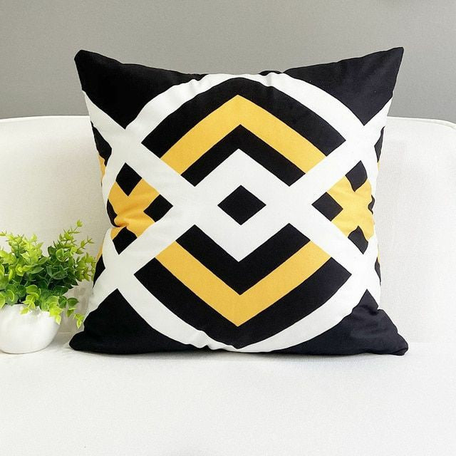 Yellow Black Geometric Print Cushion Cover