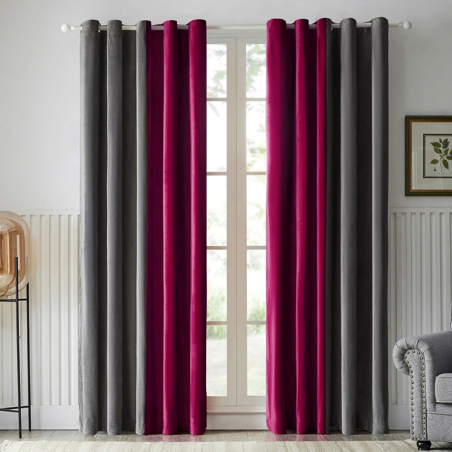 Grey Maroon Two Tone Velvet Curtains