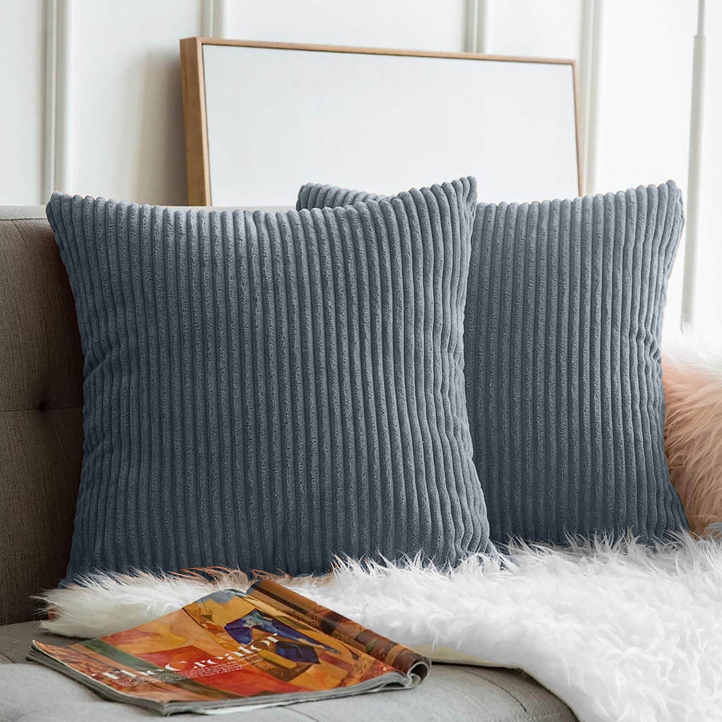 Pack of 2 Greyish Blue Corduroy Striped Velvet Cushion Covers for Sofa and Living Room