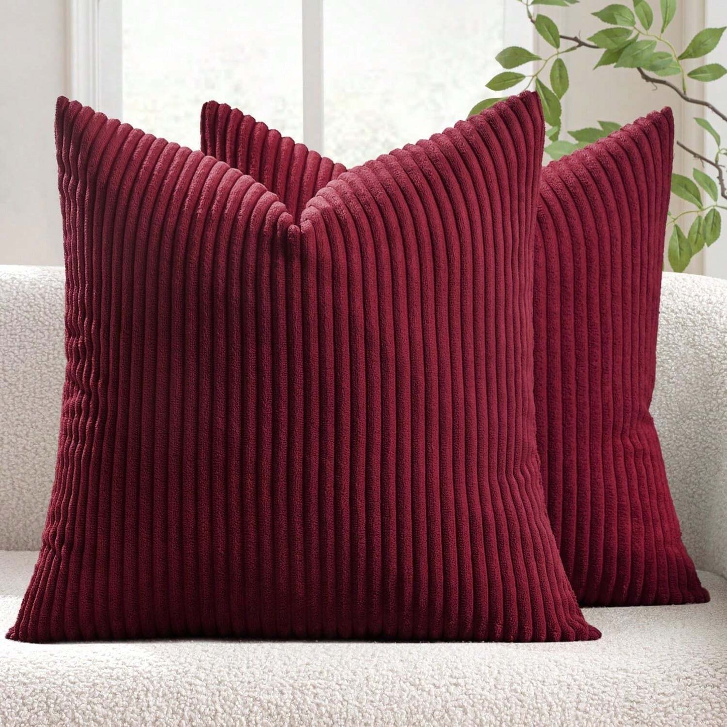 Pack of 2 Maroon Corduroy Striped Velvet Cushion Covers for Sofa and Living Room