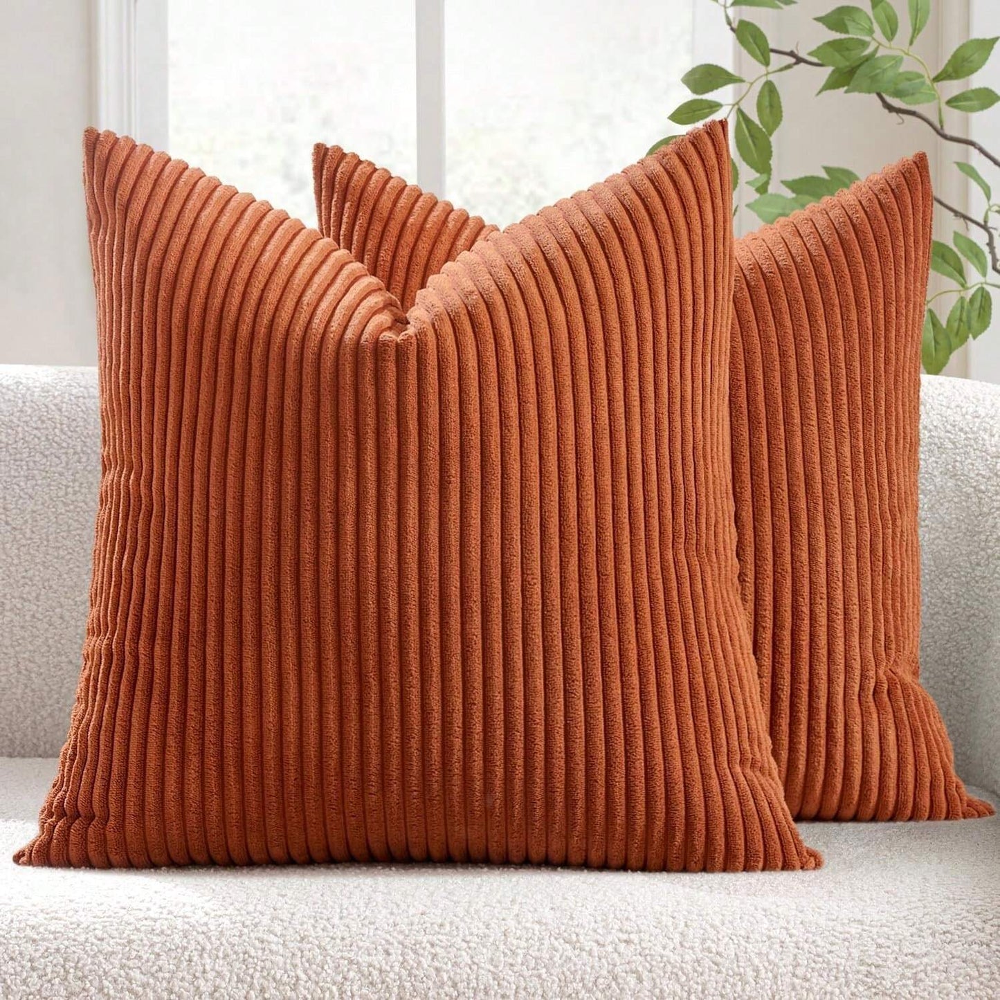 Pack of 2 Rust Orange Corduroy Striped Velvet Cushion Covers for Sofa and Living Room