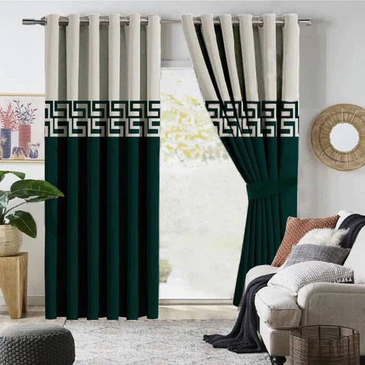 Off-white On Green Two Tone Curtains with Tie Belts - Pair