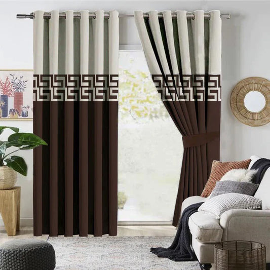 Off-white On Brown Two Tone Curtains with Tie Belts - Pair