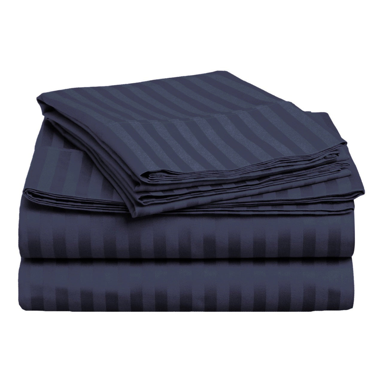 Navy Blue Cotton Satin Stripe Flat Bed Sheet Set