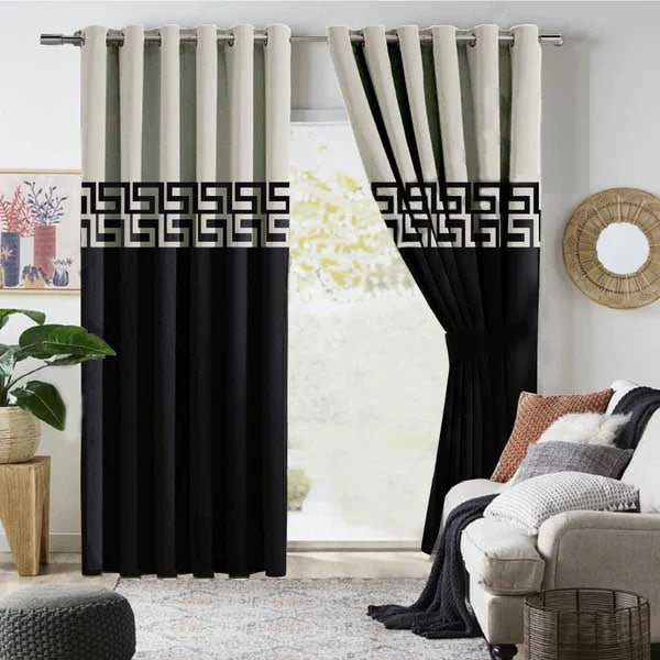 Off-White On Black Two Tone Curtains with Tie Belts - Pair