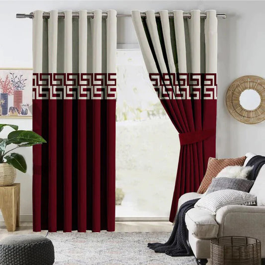 Off-white On Maroon Two Tone Curtains with Tie Belts - Pair