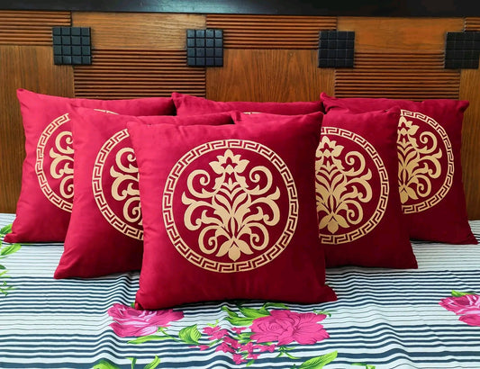 Maroon Velvet Laser Motif Decorative Cushions (Set of 6)