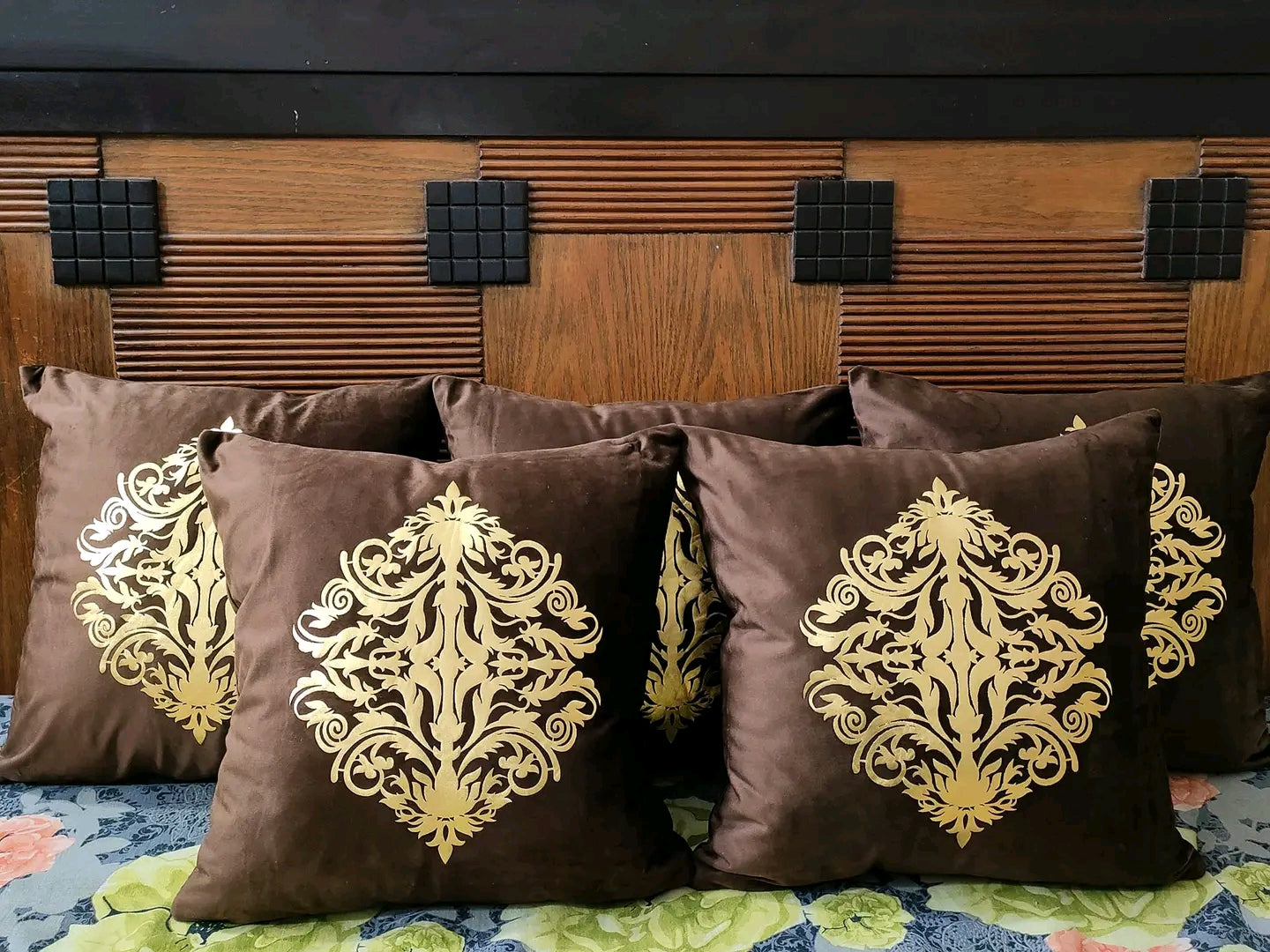 Brown Plush Velvet Laser Motif Sofa Cushions (Set of 5)