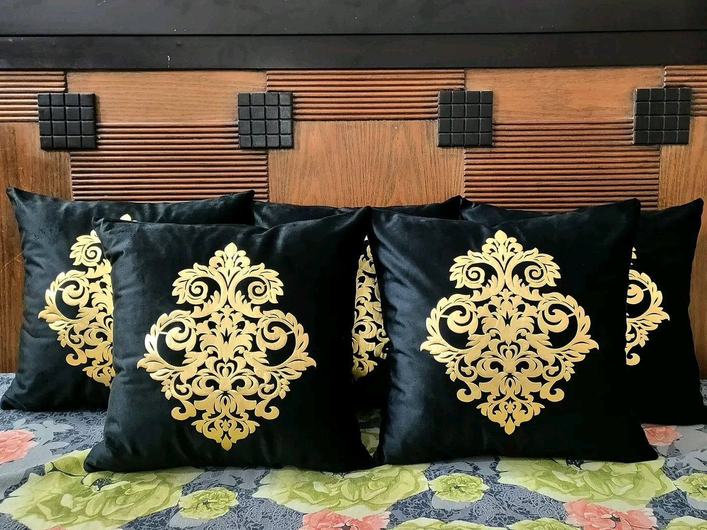 Black Velvet Laser Motif Sofa Cushions (Set of 5)