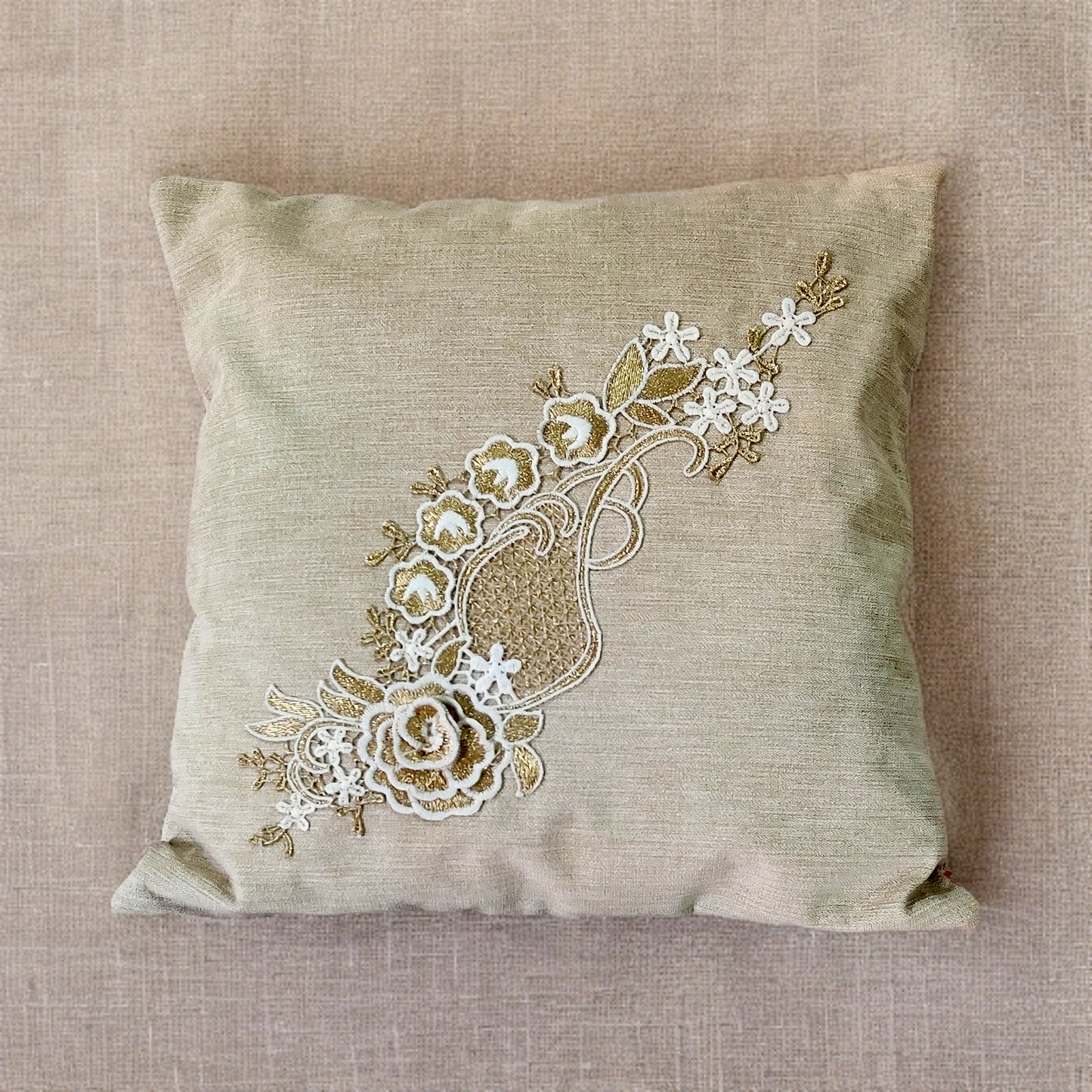 Beige Fancy Floral Motif Cushion Cover