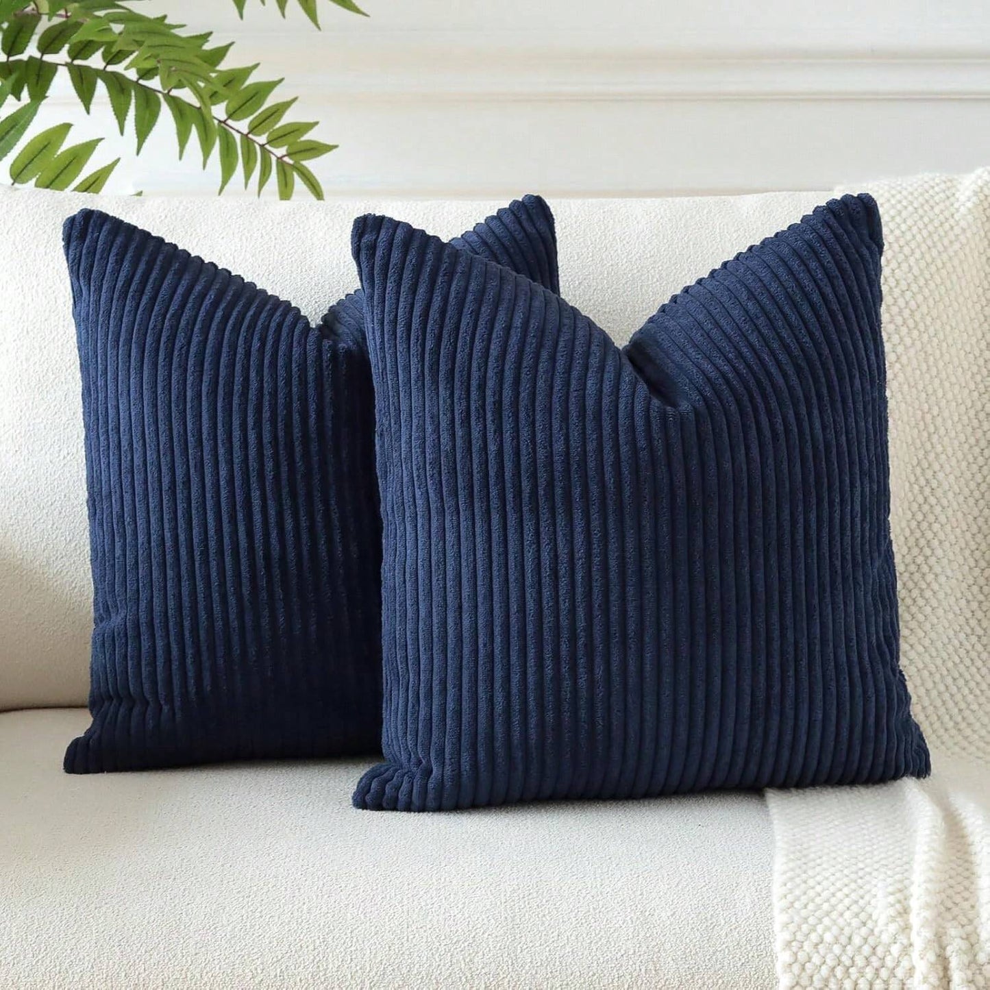 Pack of 2 Midnight Blue Corduroy Striped Velvet Cushion Covers for Sofa and Living Room