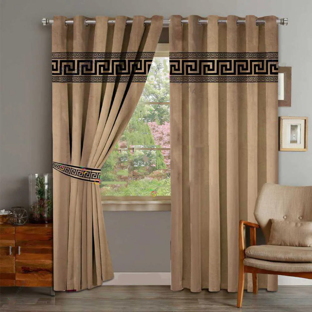 Luxury Beige & Black Velvet Curtains With Tie Belts - Pair