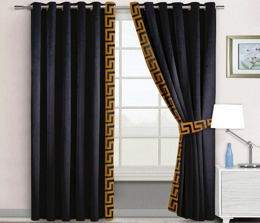 Pair of Laser Versace Border Velvet Curtains With Tie Belts (Black)