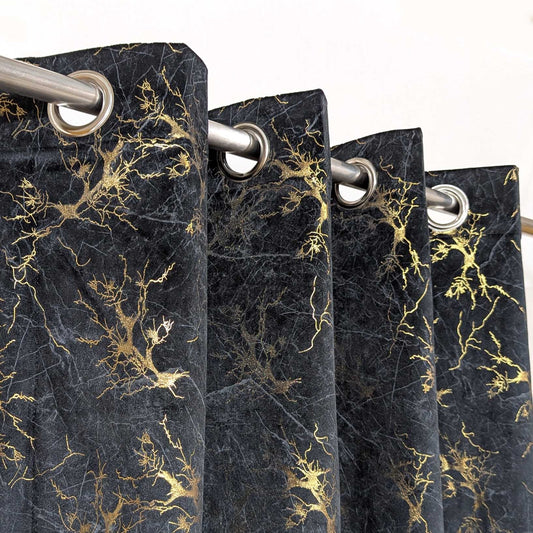Black Golden Textured Velvet Curtain - 1 Panel