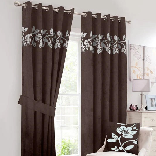 Dark Brown Applique Work Floral Velvet Curtains with Belts - Pair