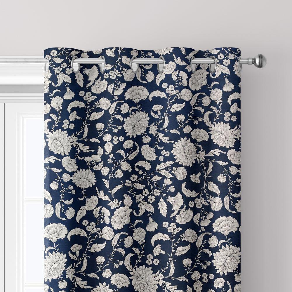 Blue Floral Printed Duck Cotton Curtain - Panel