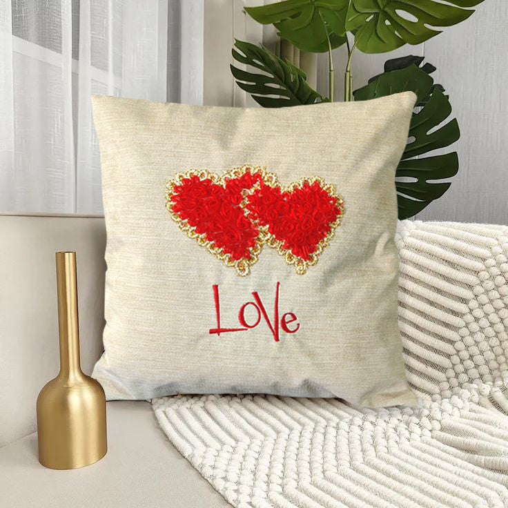 Beige Embroidered Love Twin Heart Cushion Cover