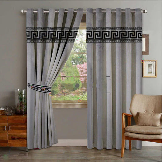 Grey & Black Luxury Laser Curtains with Belts - Pair