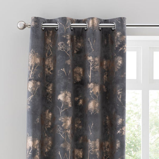 Grey Foil Printed Velvet Eyelet Curtains - Set of 2