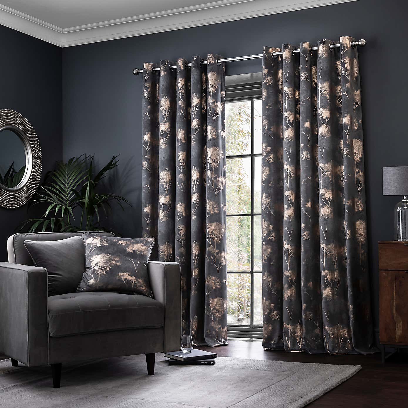 Grey Foil Printed Velvet Eyelet Curtains - Set of 2