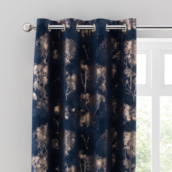 Navy Blue Foil Printed Velvet Eyelet Curtains - Set of 2