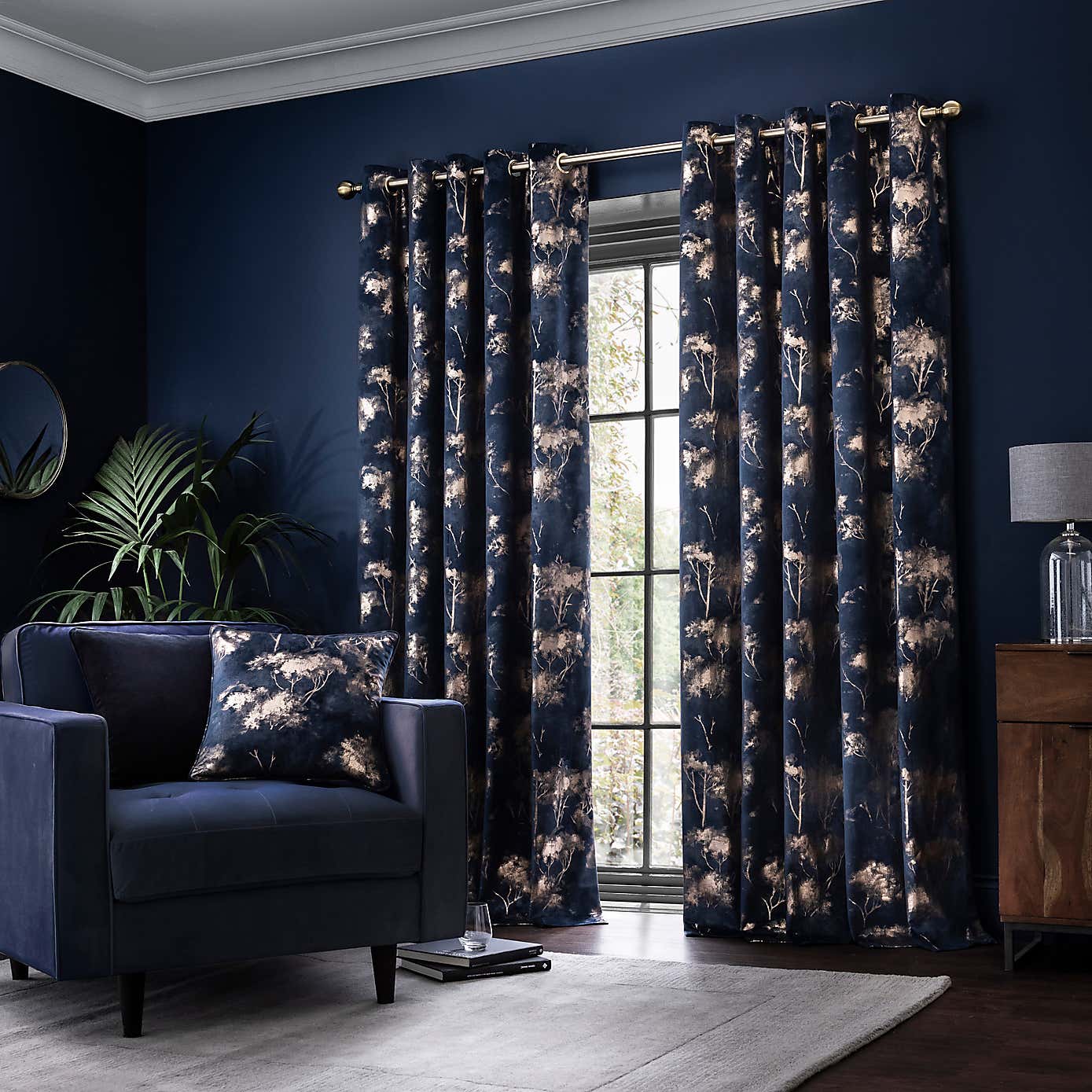 Navy Blue Foil Printed Velvet Eyelet Curtains - Set of 2