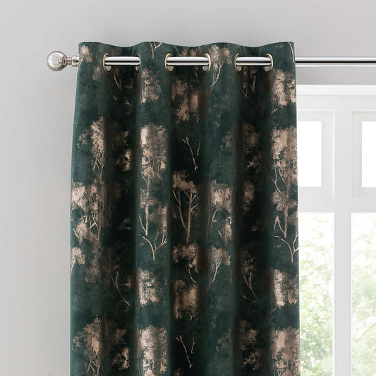 Green Foil Printed Velvet Eyelet Curtains - Set of 2