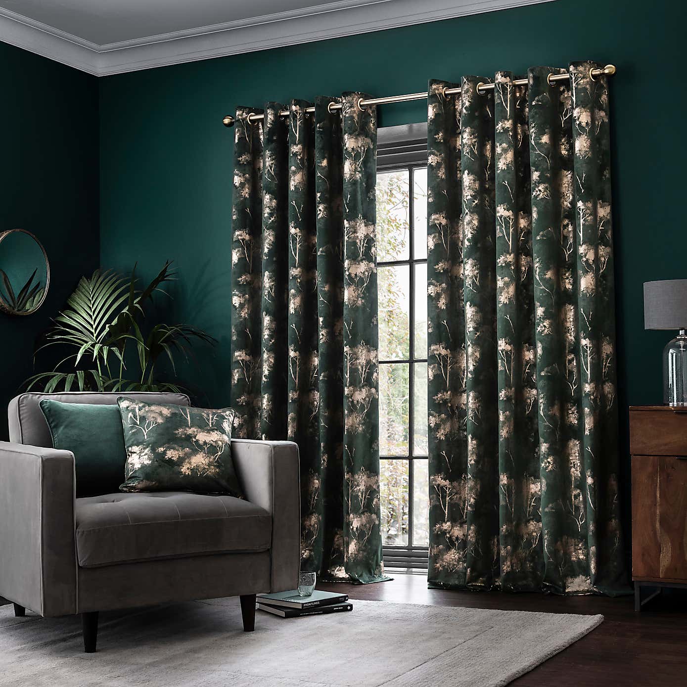 Green Foil Printed Velvet Eyelet Curtains - Set of 2