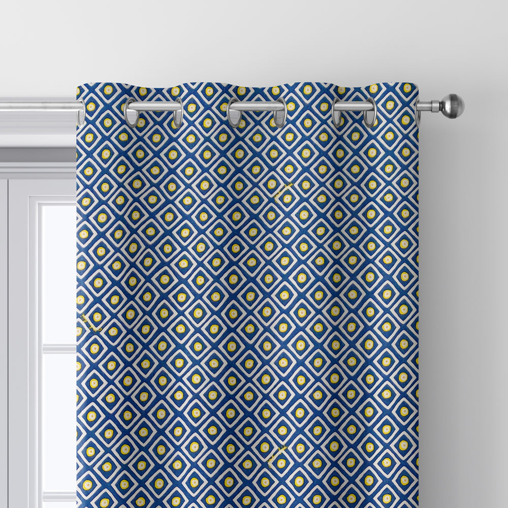 Blue Printed Duck Cotton Curtain Panel