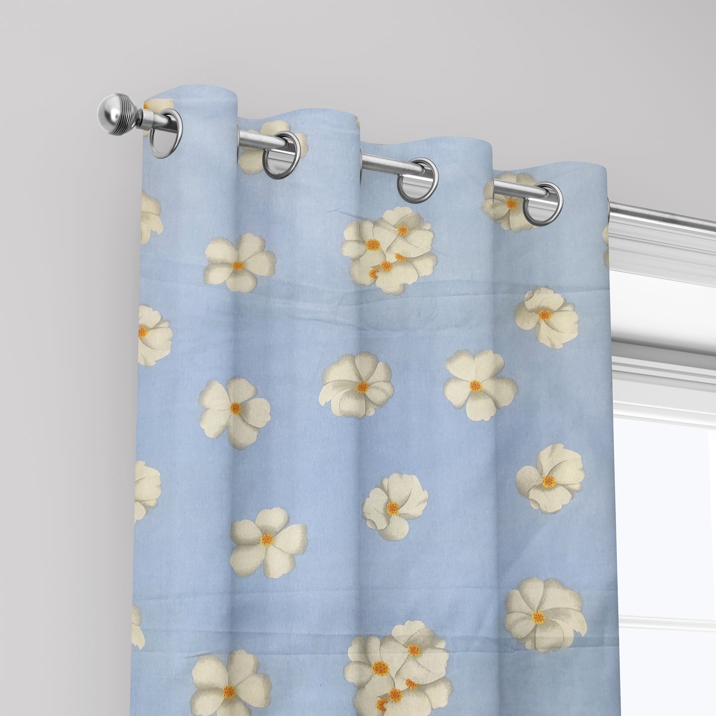 Light Blue Floral Printed Duck Cotton Curtain