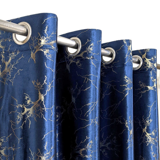 Blue Golden Textured Velvet Curtain - 1 Panel