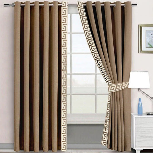 Premium Velvet Pair of Laser Versace Border Curtains With Tie Belts (light brown)