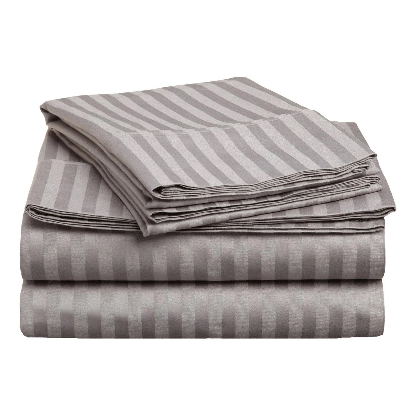 Grey Cotton Satin Stripe Flat Sheet Set