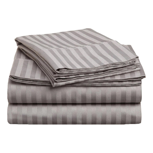 Grey Cotton Satin Stripe Flat Sheet Set