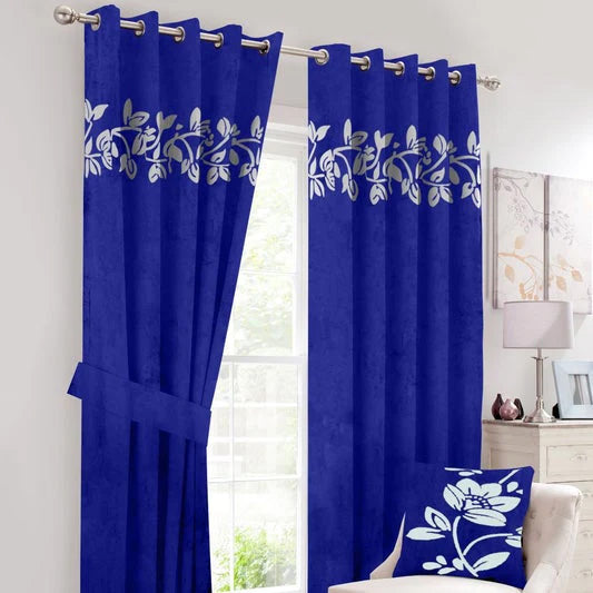 Royal Blue & Off Luxury Laser Design Curtains with Belts - Pair