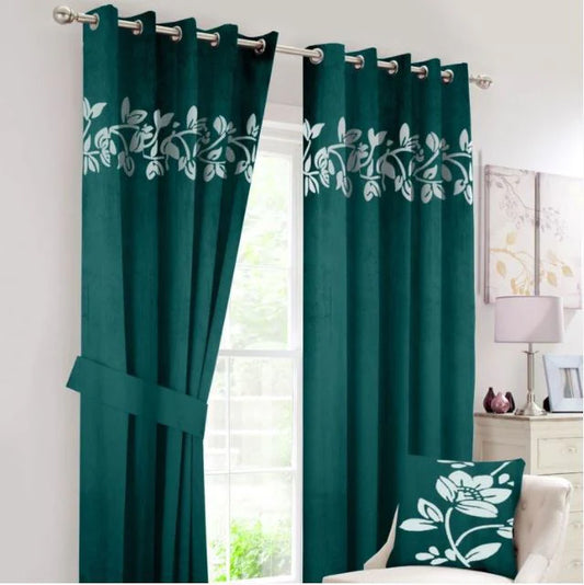 Teal Green & White Applique Floral Velvet Curtains & Belts - Pair