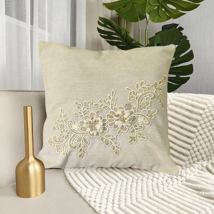 Beige Traditional Embroidered Patch Cushion Cover