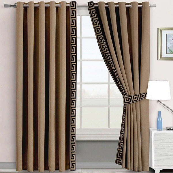 Soft Velvet Pair of Laser Versace Border Curtains With Tie Belts (Light Brown)