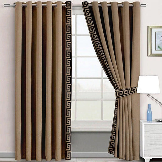 Soft Velvet Pair of Laser Versace Border Curtains With Tie Belts (Light Brown)