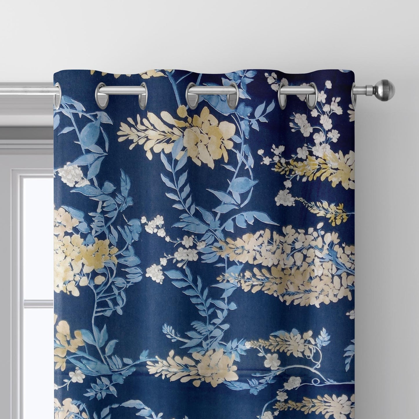 Blue Printed Duck Cotton Curtain Panel