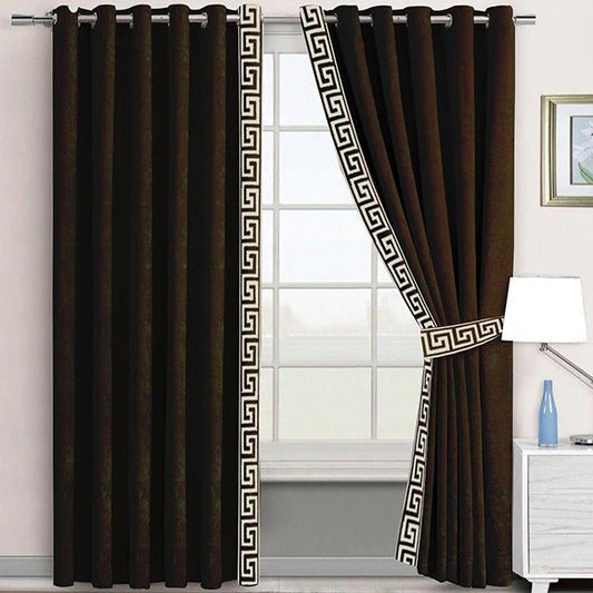 Premium Velvet Pair of Laser Versace Border Curtains With Tie Belts (Dark Brown)