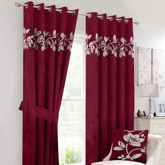 Maroon & White Fancy Velvet Curtains with Belts - Pair