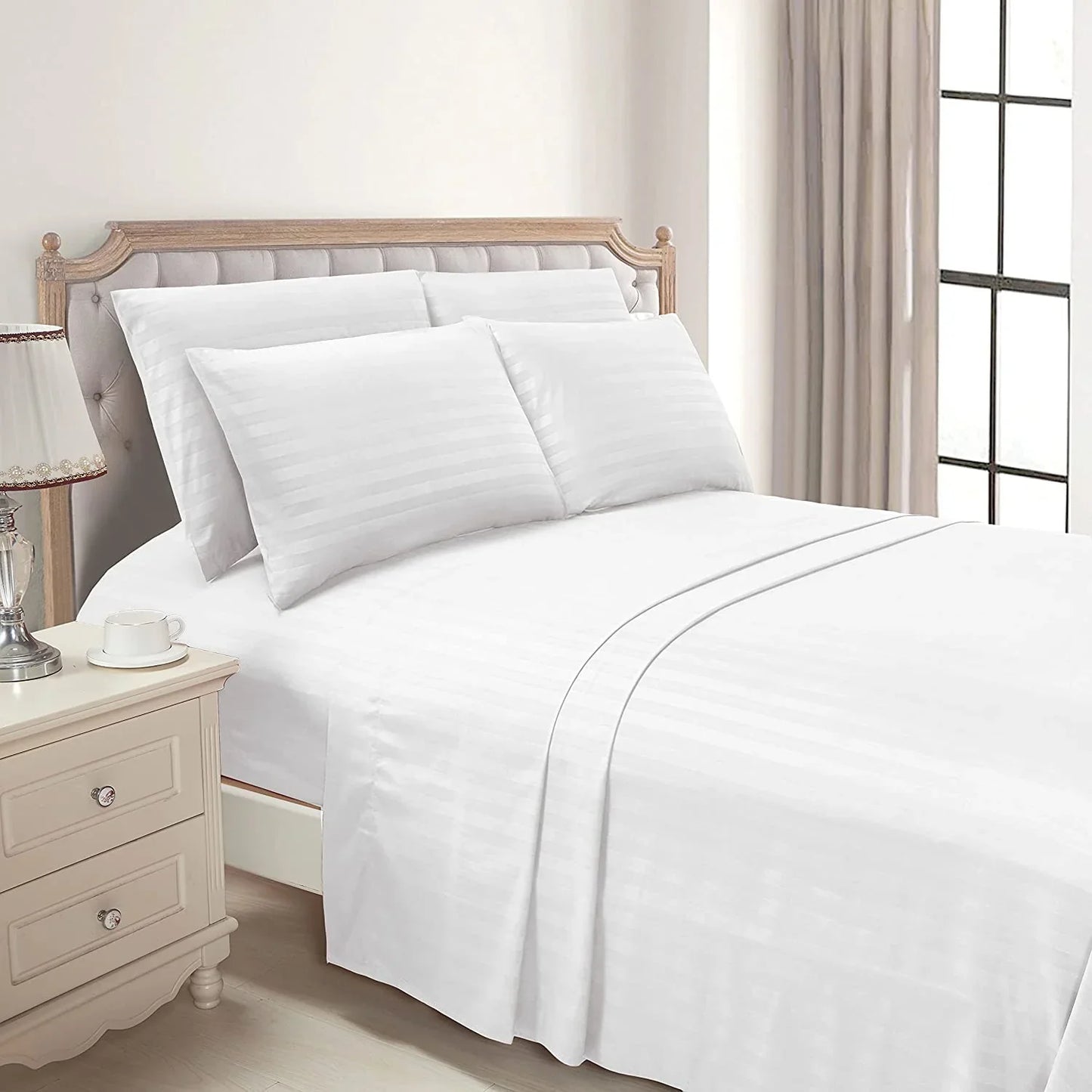 White Luxurious Flat Strip Cotton Satin Bedsheet – Soft, Smooth, and Elegant