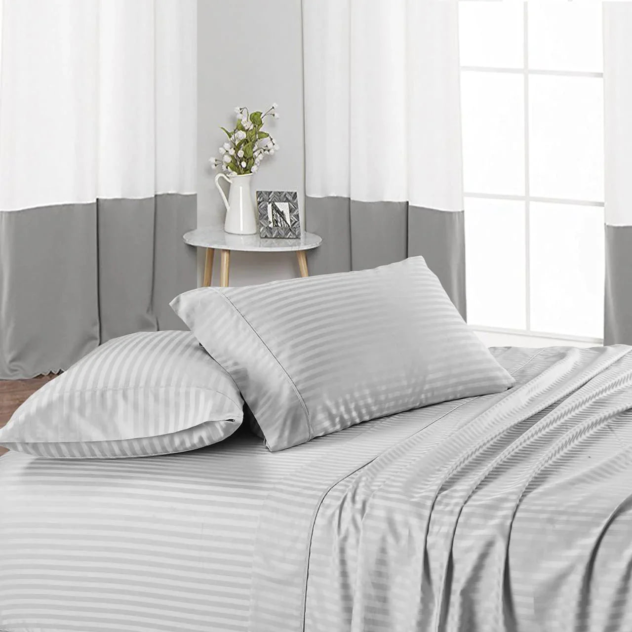 Silver Luxurious Flat Strip Cotton Satin Bedsheet – Soft, Smooth, and Elegant