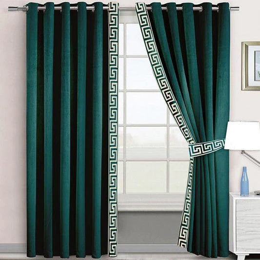 Stunning Velvet Pair of Laser Versace Border Curtains With Tie Belts (Teal Green)