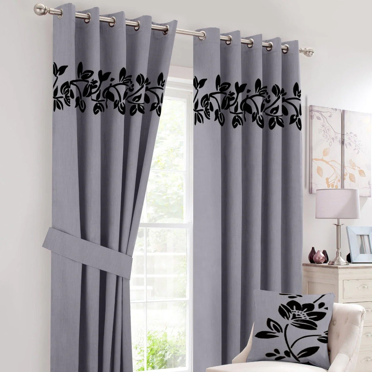 Grey & Black Applique Work Floral Velvet Curtains with Belts - Pair