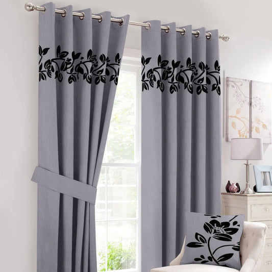 Grey & Black Applique Work Floral Velvet Curtains with Belts - Pair